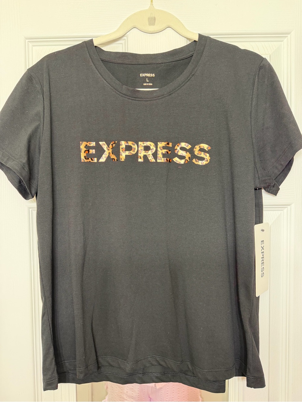 Express Women's Black Logo Tee with Leopard Print NWT